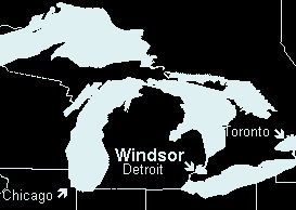 Map of Great Lakes, locating Detroit and Windsor